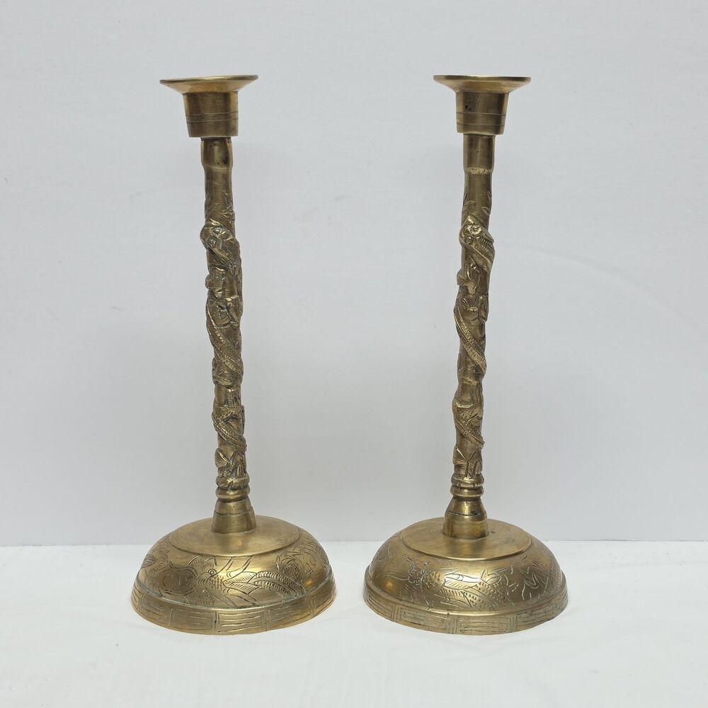 Vintage Solid Brass Dragon Candlesticks Pair Engraved Asian Style Heavy 11”